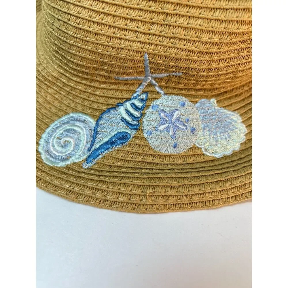 Steve Madden NWOT Women's Tan Sea Shell Embroidered Packable Sun Hat